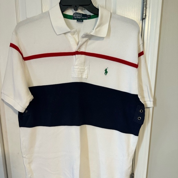 White Polo with Navy and red stripes - Picture 1 of 3